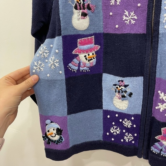 Victoria Jones Patchwork Full Zip Holiday Ugly Christmas Sweater XL Sequin Blue - Picture 7 of 7